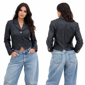 Lord & Taylor Petites Cropped Leather Blazer Gold Buttons Early Y2K